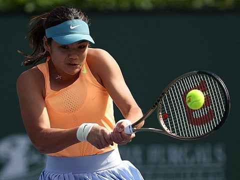 Emma Raducanu of Great Britain in action against Danka Kovinic of Montenegro in the first round in Indian Wells.