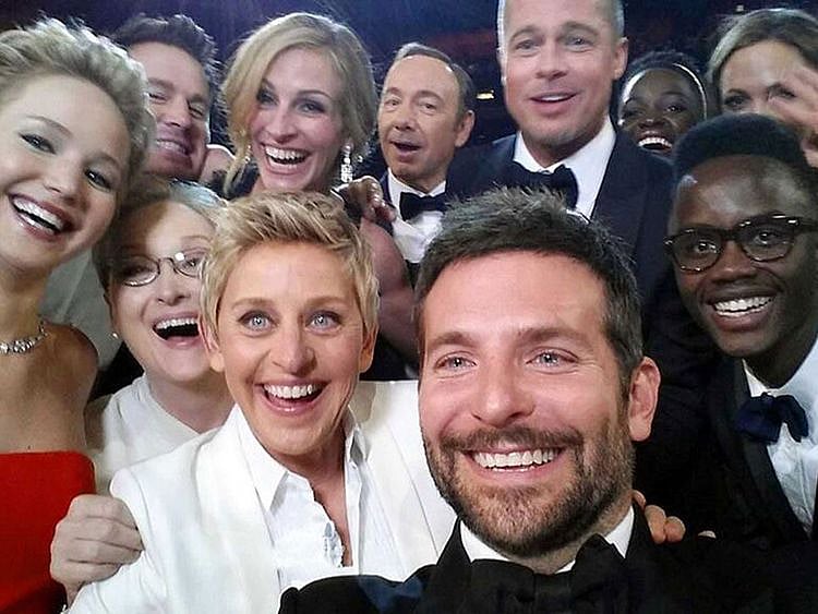 The selfie (from left): Jared Leto, Jennifer Lawrence, Meryl Streep, Channing Tatum, Ellen DeGeneres, Julia Roberts, Kevin Spacey, Bradley Cooper, Brad Pitt, Lupita Nyong’o, Peter Nyong’o Jr., and Angelina Jolie.