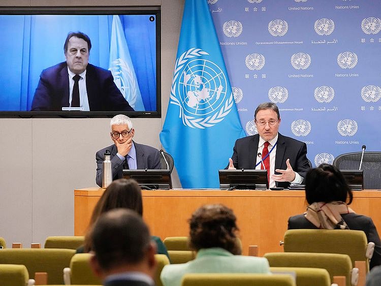 United Nations Development Programme Administrator Achim Steiner, right, and Deputy Spokesman of the UN Secretary-General Farhan Haq are joined via video conference by UN Resident and Humanitarian Coordinator for Yemen David Gressly during a news conference, Thursday, March 9, 2023 at UN headquarters.