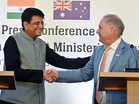 Union Minister of Commerce & Industry, Piyush Goyal with Australian Minister for Trade and Tourism, Don Farrell during a joint press briefing on India-Australia 18th Joint Ministerial Commission, in New Delhi on Saturday.