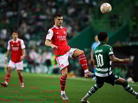Arsenal's Swiss midfielder Granit Xhaka (centre) in action during the UEFA Europa League last 16 first leg match against Sporting CP at Jose Alvalade stadium in Lisbon. The match ended 2-2 and the Gunners will be aiming to get back to winnings ways in the league against Fulham on Sunday.