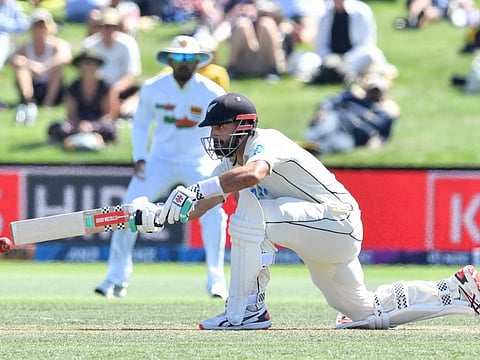 New Zealand's Daryl Mitchell plays a shot during the third day of the first Test cricket match between New Zealand and Sri Lanka at Hagley Oval in Christchurch.