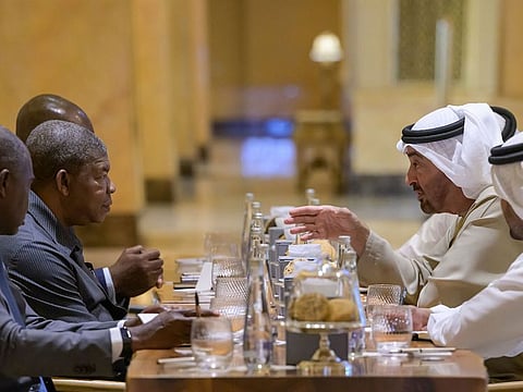 President His Highness Sheikh Mohamed bin Zayed Al Nahyan (right) meeting João Manuel Lourenço, President of the Republic of Angola on Saturday