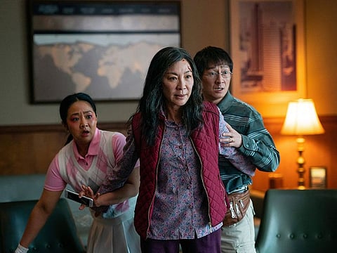 Stephanie Hsu, Michelle Yeoh and Ke Huy Quan in a scene from, "Everything Everywhere All At Once."