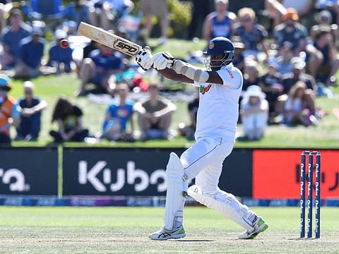Sri Lanka's Angelo Mathews plays a shot during the fourth day of the first Test cricket against New Zealand at Hagley Oval in Christchurch.
