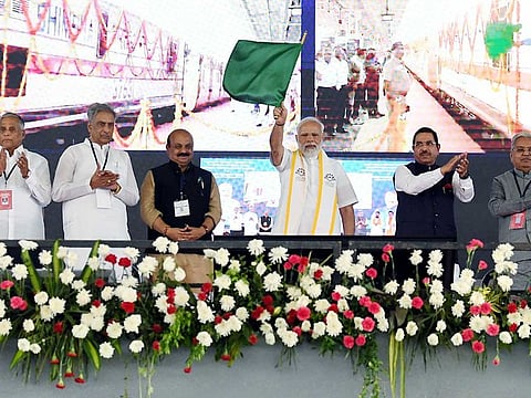 Prime Minister Narendra Modi inaugurates the longest railway platform in the world at Shree Siddharoodha Swamiji Hubballi Station, on Sunday, March 12, 2023. 