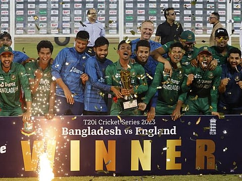 Bangladesh celebrate with the trophy after winning the series against England at Sher-E-Bangla National Cricket Stadium, Dhaka, Bangladesh.