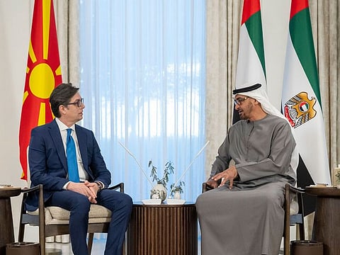 President His Highness Sheikh Mohamed bin Zayed Al Nahyan with Stevo Pendarovski, President of the Republic of North Macedonia