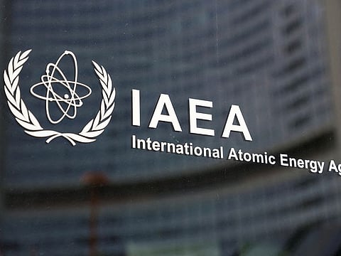 The logo of the International Atomic Energy Agency (IAEA) is seen at the organisation's headquarters  in Vienna, Austria. 