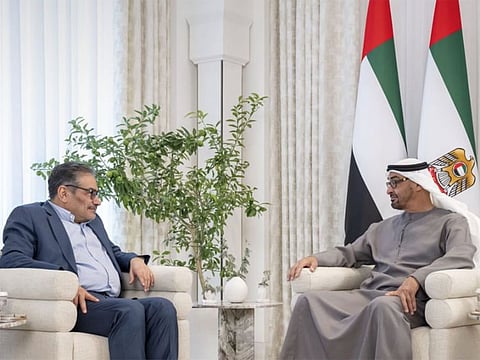 UAE President His Highness Sheikh Mohamed Bin Zayed Al Nahyan with Ali Shamkhani on Thursday.
