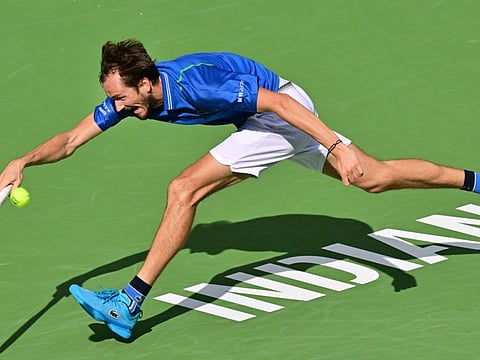 Russia's Daniil Medvedev stretches for a forehand return to Spain's Alejandro Davidovich Fokina in their quarterfinal in Indian Wells Master on Wednesday.