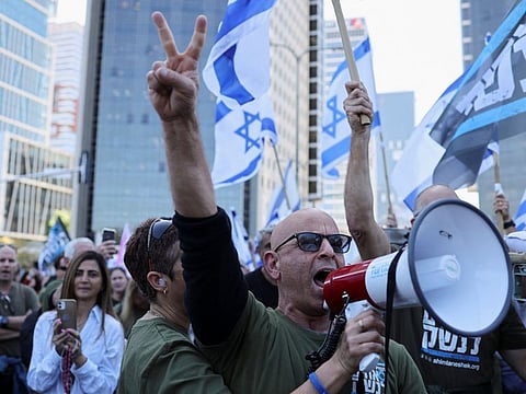 Israelis demonstrate during "Day of Resistance", as Israeli Prime Minister Benjamin Netanyahu's nationalist coalition government presses on with its contentious judicial overhaul, in Bnei Brak, Israel, March 16, 2023.  