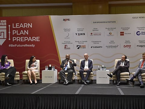 (from left) Dr Rita Zgheib, Assistant Professor, Computer Science, Canadian University Dubai; Professor Dr Elango Rengasamy, Professor of Finance & Associate Dean, Global Business Studies Dubai; Michael Gallimore, Head of Campus at De Montfort University Dubai; Dr Sudhir Rana, Associate Professor Marketing and Strategy, Gulf Medical University; and Anil Ahluwalia, Academic Head, DeMont Institute of Management & Technology, at the panel ‘Address the skill gap and future proof the fields of study’ at Ritz Carlton, DIFC, Dubai. 