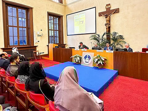 Ahmed Al Ameri (second from right), Chairman of the Sharjah Book Authority, during the opening ceremony of the International Festival of Arabic Language and Culture in Milan, (to his right: Giovanni Gobber, Dean of the Faculty of Linguistic Sciences and Foreign Literatures, Catholic University of the Sacred Heart; and Dr Wael Farouq, Professor of Language, Arabic Literature and Islamic Studies, Catholic University)