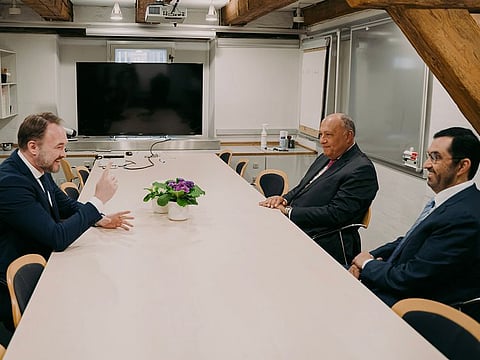 Dr. Sultan bin Ahmed Al Jaber, Minister of Industry and Advanced Technology and COP28 President-Designate with Sameh Shoukry, COP27 President and Egypt’s Minister of Foreign Affairs, and Dan Jørgensen, Denmark’s Minister for Development Cooperation and Global Climate Policy.