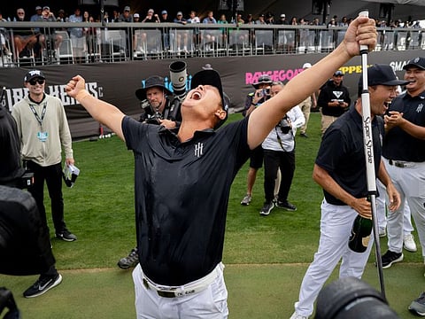 Danny Lee of Iron Heads GC celebrates after winning the LIV Golf Tucson individual title on the final round's third playoff hole