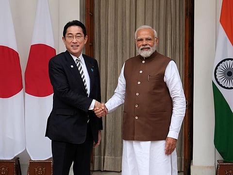 Fumio Kishida, Japan's prime minister, left, shakes hands with Narendra Modi, India's prime minister, ahead of their meeting at Hyderabad House, in New Delhi, India, on Monday, March 20, 2023.