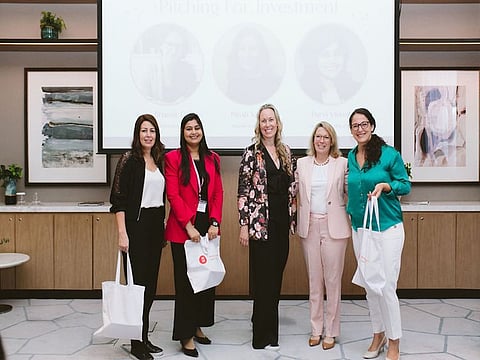 Investment pitch presenters Rihab Saab, Purvi Munot and Ivana Ogbu with Jennifer Blandos, CEO of Female Fusion and Heather Henyon, Founding Partner of Mindshift Capital 