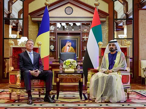 Klaus Iohannis, President of Romania (left) with  His Highness Sheikh Mohammed bin Rashid Al Maktoum, Vice President and Prime Minister of the UAE and Ruler of Dubai