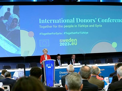 European Commission President Ursula von der Leyen, left, addresses an International Donor's Conference for Turkey and Syria at the Charlemagne building in Brussels on Monday, March 20, 2023.  