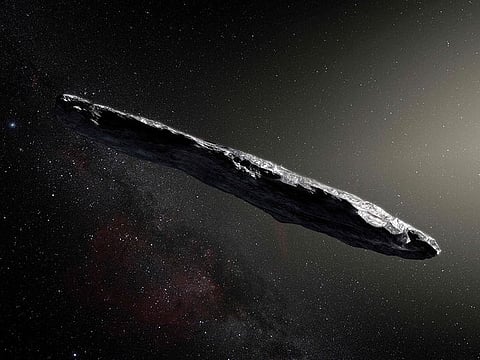 An artist's impression of the first interstellar asteroid, called Oumuamua.