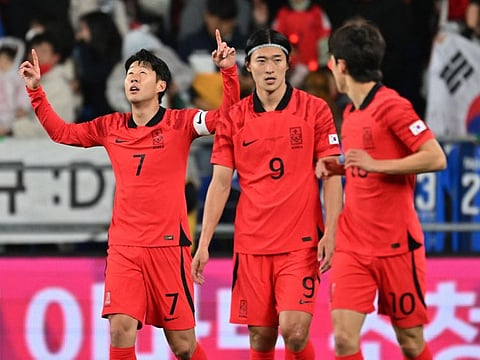 South Korea's Son Heung-min (left) celebrates his goal during the friendly against Colombia in Ulsan on Friday.