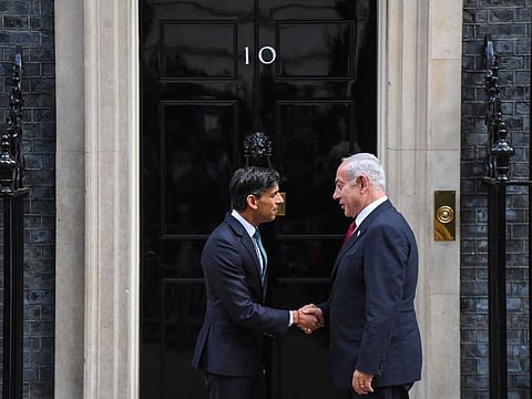 Rishi Sunak greets Benjamin Netanyahu at 10 Downing Street in London on March 24, 2023.  
