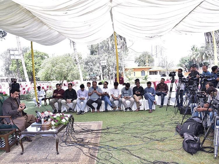 Sindh Governor Kamran Khan Tessori speaks at press conference after promulgation of price control ordinance.