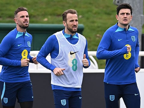 England's Jordan Henderson (left), Harry Kane (centre) and Harry Maguire attend a team training session at St George's Park in Burton-on-Trent, central England ahead of of their UEFA EURO 2024 qualifier against Ukraine.