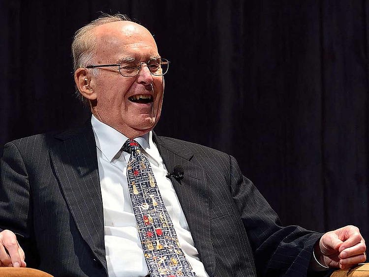 This handout from Intel Corporation taken in 2015 and released on March 24, 2023 shows Gordon Moore, co-founder of Intel Corporation, being interviewed during 50th anniversary ceremonies of Moore's Law.