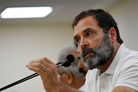 Congress party leader Rahul Gandhi during a press conference in New Delhi on March 25, 2023, after being disqualified as a member of parliament. 