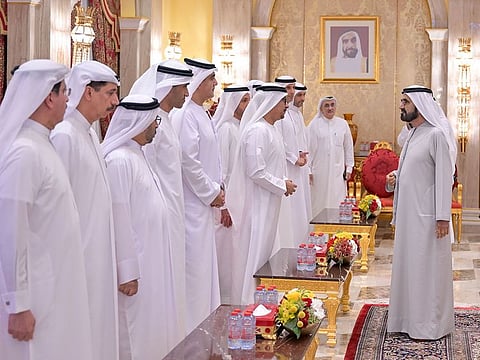  Sheikh Mohammed in the presence of Sheikh Hamdan and Sheikh Maktoum accepted the greetings of well-wishers who included senior officials from Dubai Government entities and other dignitaries.