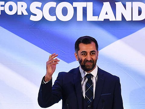 Newly appointed leader of the Scottish National Party (SNP), Humza Yousaf speaks following the SNP Leadership election result announcement at Murrayfield Stadium in Edinburgh on March 27, 2023. 