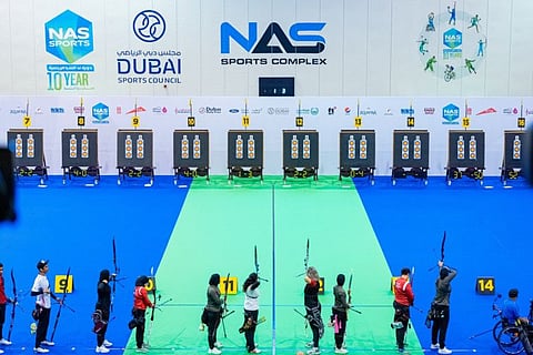 Action from the archery finals in the Nad Al Sheba Sports Tournament at Nad Al Sheba Sports Complex on Monday.