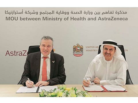 cation between the Ministry of Health and Prevention (MoHAP) and AstraZeneca, was signed in Dubai by Dr Hussain Abdul Rahman Al Rand, Assistant Undersecretary for the Public Health Sector, and Ruud Dobber, AstraZeneca Executive Vice President for the Biopharmaceuticals Business Unit.