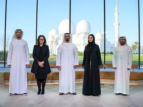 (R-L) Hasan Al Hosani, CEO of Bayanat, Dr Ebtesam Almazrouei, Director of AI Cross-Center Unit at AI and Digital Science Research Center at Abu Dhabi's Technology Innovation Institute, Lt General Sheikh Saif bin Zayed Al Nahyan, UAE Deputy Prime Minister and Minister of Interior, Amy Webb, Founder and CEO of the Future Today Institute and  Talal Al Kaissi, CEO G42 Cloud, at the Mohamed bin Zayed Majlis in Abu Dhabi.