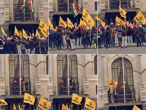 London, Mar 20 (ANI): A combination of pictures show Khalistani elements attempting to pull down the Indian flag but the flag was rescued by the Indian security personnel at the High Commission of India, in London (ANI Photo)