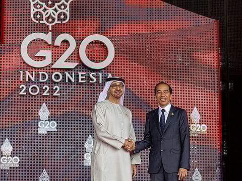 Bali, Indonesia, 15th November 2022: President His Highness Sheikh Mohamed bin Zayed Al Nahyan with Indonesian President Joko Widodo during the G20 Summit in Bali, Indonesia.
