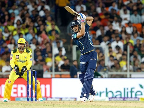 Shubman Gill of Gujarat Titans hits a six during his knock of 63 against Chennai Super Kings on Friday.