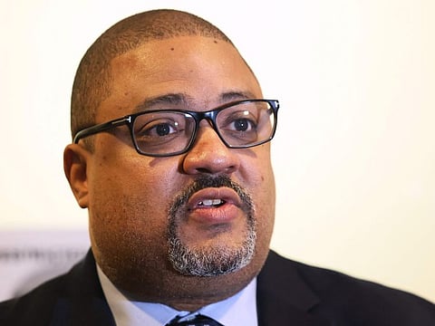 In this file photo taken on January 13, 2023 Manhattan District Attorney Alvin Bragg speaks at a press conference after the sentencing hearing of the Trump Organization at the New York Supreme Court in New York City.  Bragg became the first prosecutor in US history to charge a former or sitting president when he filed his indictment against Donald Trump.  