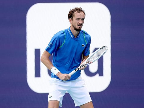 Daniil Medvedev of Russia beat Karen Khachanov of Russia during the semifinals of the Miami Open at Hard Rock Stadium on March 31, 2023 in Miami Gardens, Florida. 