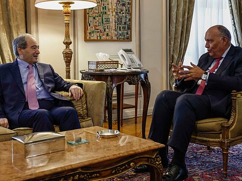 Egyptian Foreign Minister Sameh Shoukry (right) meets with his Syrian counterpart Faisal Mekdad at the ministry headquarters in Cairo, on April 1, 2023. 