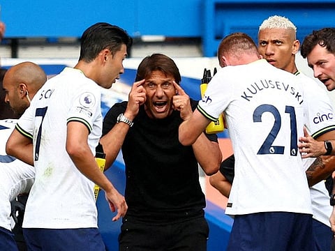 Former Tottenham coach Antonio Conte (centre) talks to Son Heung-Min, Dejan Kulusevski and Richarlison. The Italian boss left the club after saying he was let down by his players. 