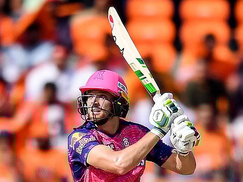 Rajasthan Royals' Jos Buttler watches the ball after playing a shot during the Indian Premier League (IPL) Twenty20 cricket match between Sunrisers Hyderabad and Rajasthan Royals at the Rajiv Gandhi International Cricket Stadium in Hyderabad.