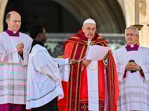Pope Francis delivers the Angelus prayer at the end of the Palm Sunday mass on April 2, 2023 at St. Peter's square in The Vatican.