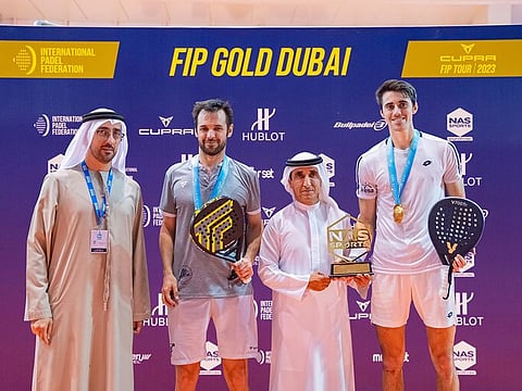 Sheikh Saeed (second right) crowned Benjamin Tison and Victor Mena as the winners of the first International Padel Federation (FIP) Gold Category event of the season held as part of the 10th Nad Al Sheba Sports Tournament.