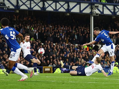 Everton's Michael Keane (right) scores from 30 yards against Tottenham during the Premier League clash at Goodison Park, Liverpool, England.