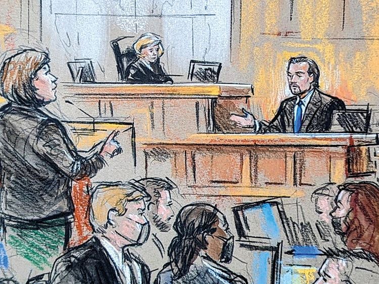 Courtroom sketch of Hollywood actor Leonardo DiCaprio testifying.