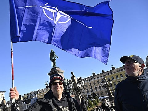 Finnish people celebrate their country's Nato membership at the Senate Square in Helsinki, Finland, on April 4, 2023.  