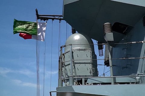 This grab taken from a footage released by the Russian Defence Ministry on April 6, 2023 shows the Russian frigate Admiral Gorshkov docking in Jeddah, Saudi Arabia.  